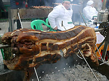 Roast meat on the spit is good for barbecue